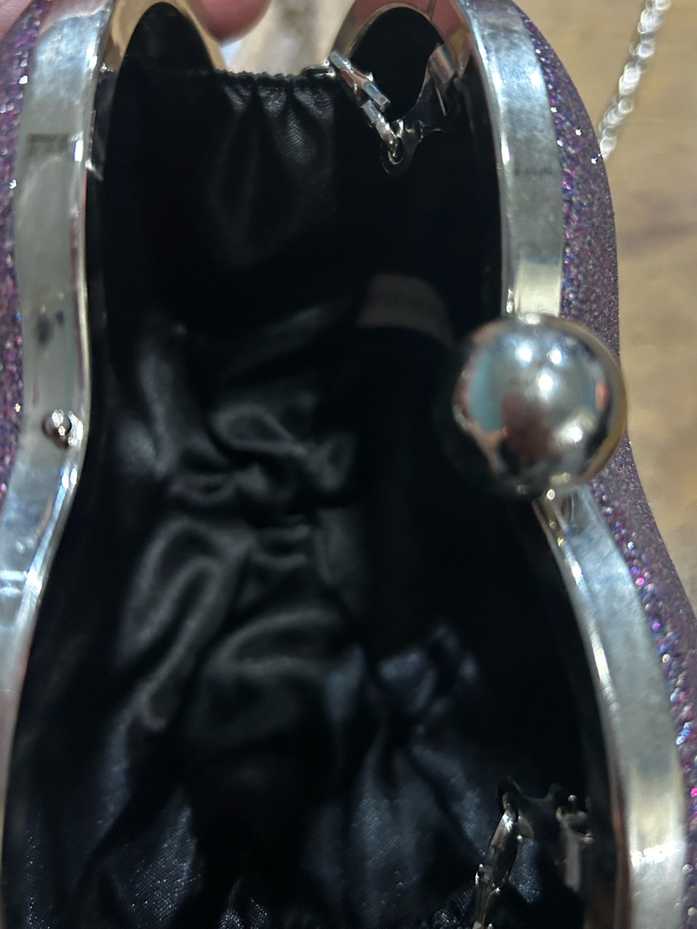Purple Glitter Heart Clutch Crossbody Evening Bag Silver Chain Sparkly - Picture 3 of 5